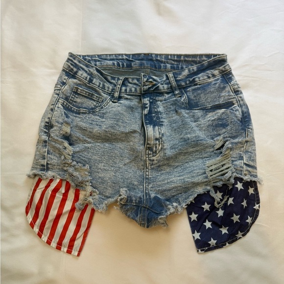 SHEIN Pants - SHEIN Blue Distressed Jean Shorts with Flag Design Size 0XL (12)